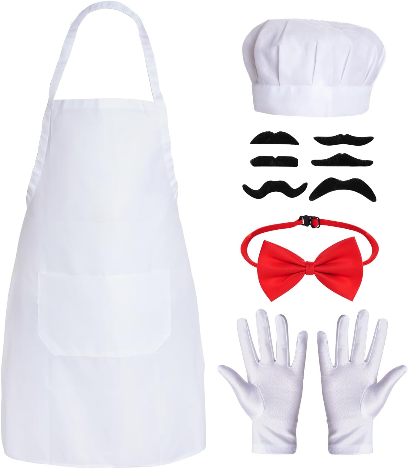 10Pcs White Apron Halloween Chef Costumes for Men Women Adult Swedish Chef Costume Chef Apron Hat Set Baker Costume Chef Cosplay Props Include White Chef Hat Apron Bow Tie Gloves Adhesive Fake Beard
