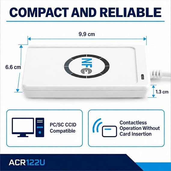 Jadeshay RFID Reader,NFC Reader/Writer ACR122U ISO 14443A/B RFID Card Reader + Free Software in White,Contactless Smart Card Reader Writer with USB Cable