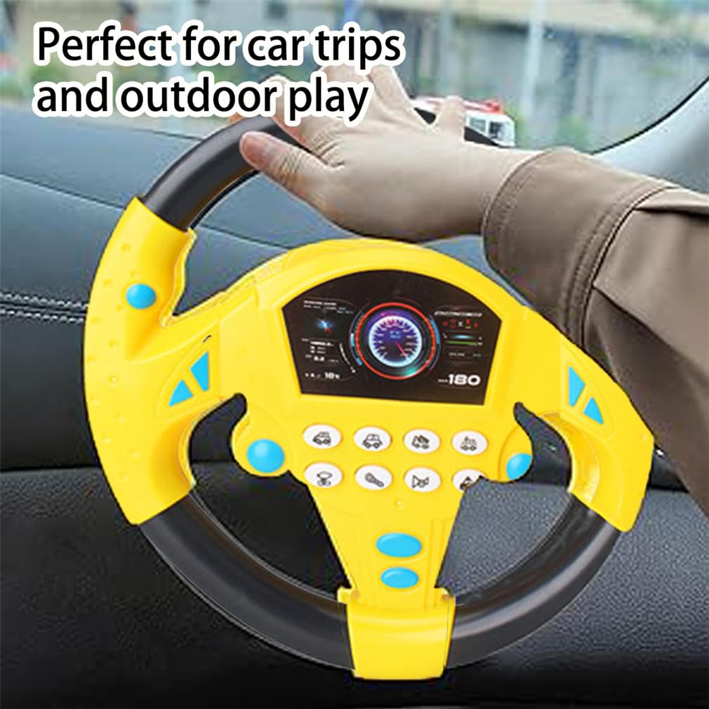 360° Rotating Musical Steering Wheel - Portable Car Back Seat Driving Simulation Toy, Fun Tunes & Realistic Driving Sounds, Travel Activity for On-Road Entertainment During Trips (Yellow)