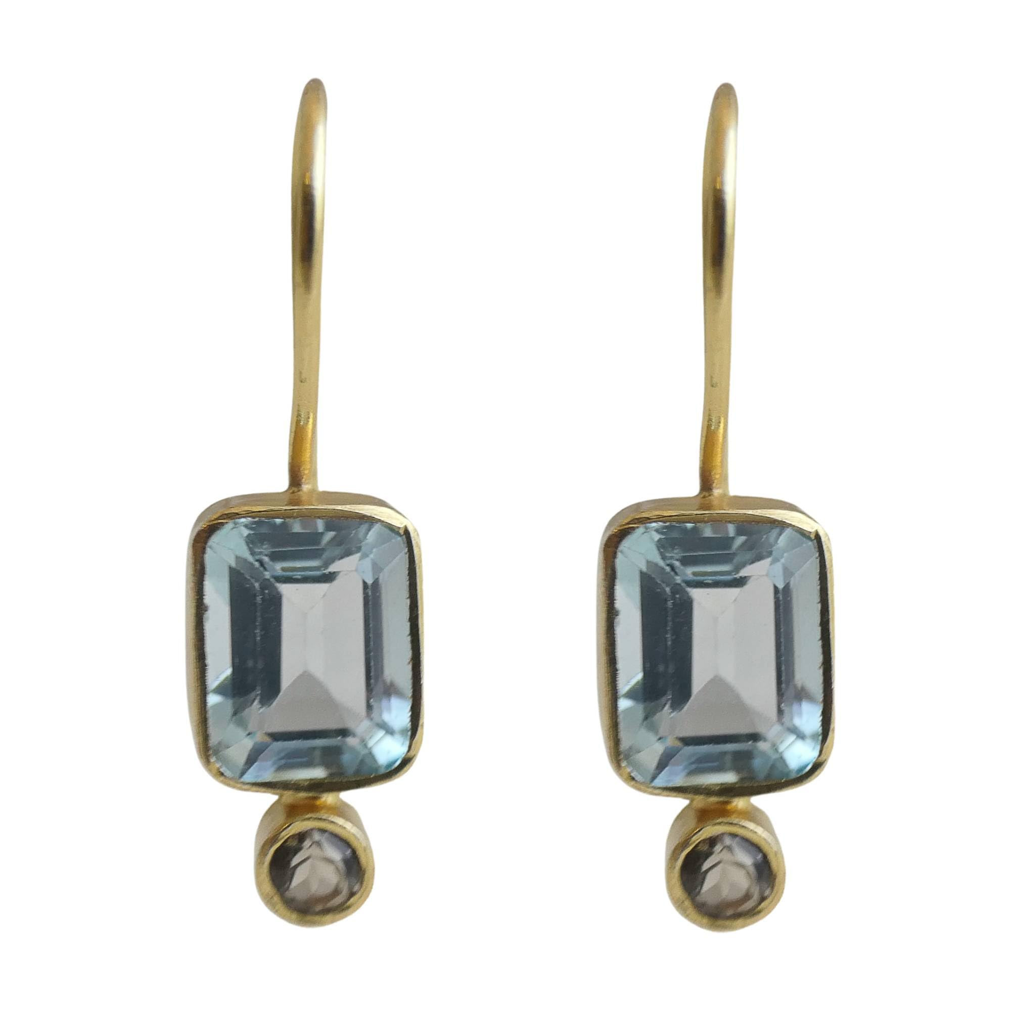 Blue Topaz and Smoky Quartz Gold Plated Sterling Silver Drop Earrings - Natural Gem Gemstone - Birthday Mother's Day Gift - Handmade Jewellery Gift Ideas for Women (Blue Topaz and Smoky Quartz)