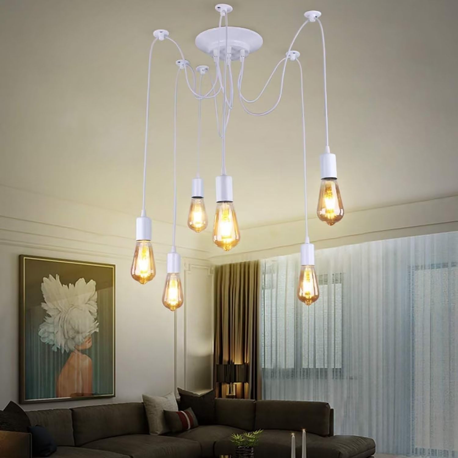 Lampadario a sospensione Edison classico, E27 luci ragno bianco 2m cavo regolabile 6 luci, plafoniere moderne per camera da letto cucina bar