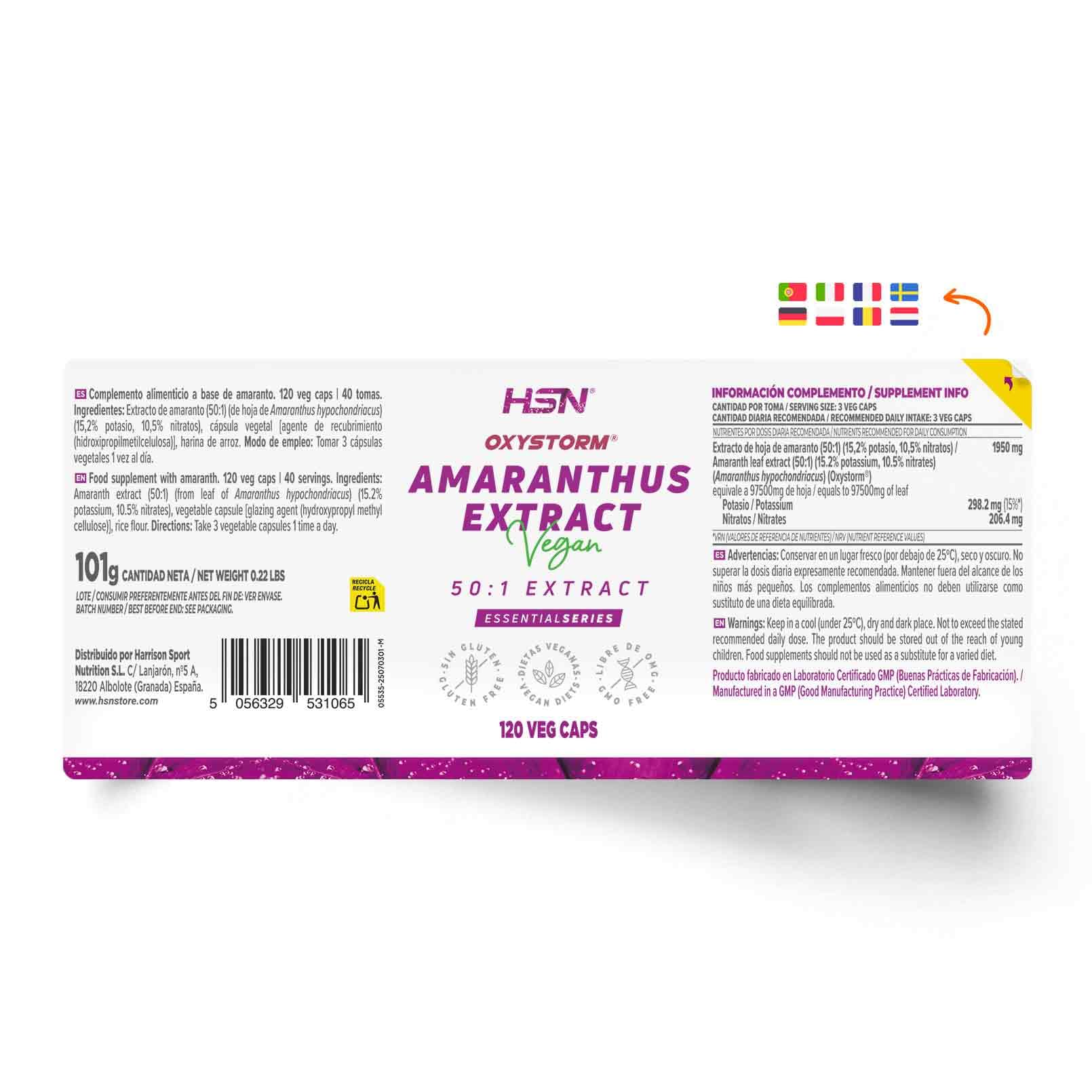 HSN Amaranto Oxystorm® 650mg | 120 Cápsulas Vegetales | 10,5% Nitratos Naturales + 15,2% Potasio – Extracto 50:1 Equivalente a 32,5g Hoja Amaranthus hypochondriacus | Sin Gluten y Apto Vegano