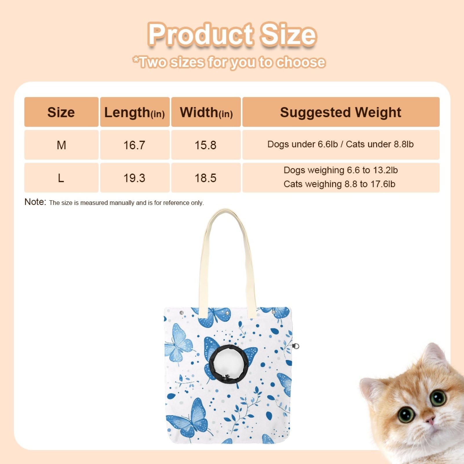 Pet Canvas Shoulder Bag Soft-Sided,Dog Purse Carrier for Small Dogs and Cats, Portable Pet Handbag with Adjustable Hole, Pet Washable Travel Tote Bag,Light Blue Butterfly Plants 16.7''x15.8''