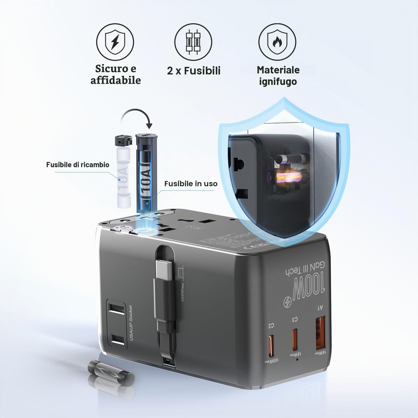 MINIX Adattatore da viaggio universale 100 W con cavo USB C retrattile, PD 3.0 GaN III, porte USB-C * 3 USBA * 1, presa AC, caricatore da viaggio globale per computer portatili tablet telefoni