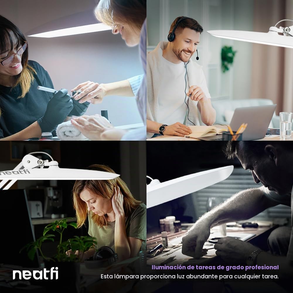 Neatfi XL Lámpara LED de Escritorio | 2.200 Lúmenes | 20W | Temperatura de Color Ajustable | Luz Regulable de 4 Niveles | Oficina en Casa | Cabezal Ancho de 51 cm (Blanco, CCT con Abrazadera)