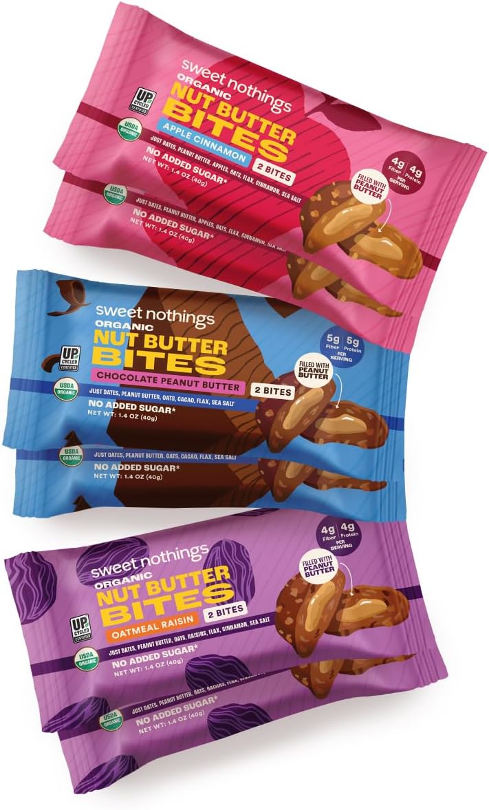 Sweet Nothings, Variety Pack: Chocolate, Apple Cinnamon, and Oatmeal Raisin, USDA Organic Nut Butter Bites Protein 6-2 Bite Value Packs (2 of each flavor) - No Added Sugar, Good Source of Fiber, Only 7 Ingredients