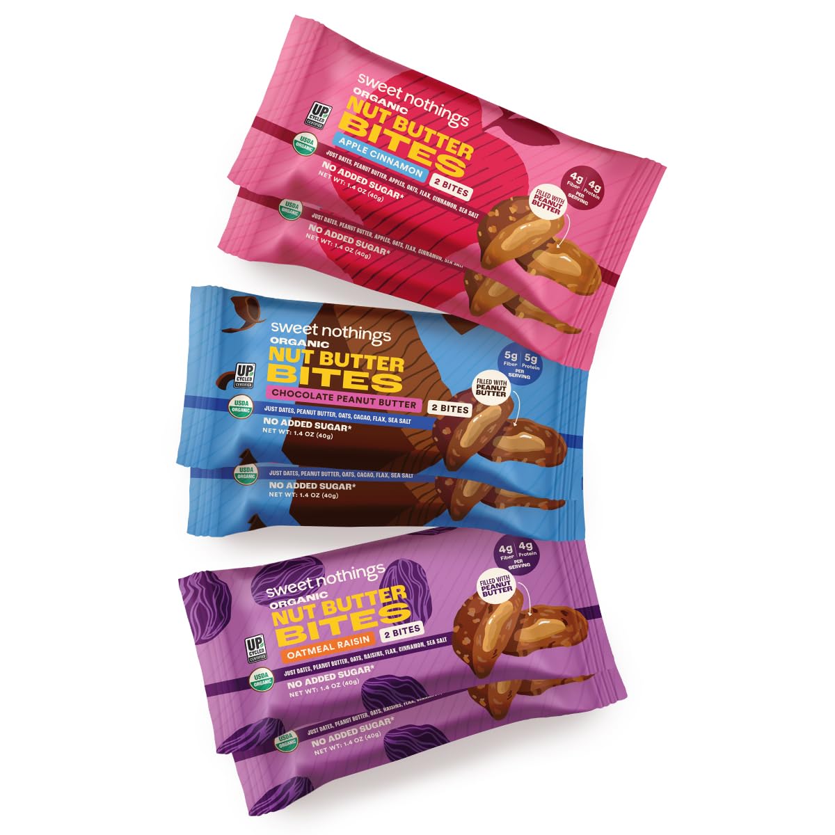 Sweet Nothings, Variety Pack: Chocolate, Apple Cinnamon, and Oatmeal Raisin, USDA Organic Nut Butter Bites Protein 6-2 Bite Value Packs (2 of each flavor) - No Added Sugar, Good Source of Fiber, Only 7 Ingredients