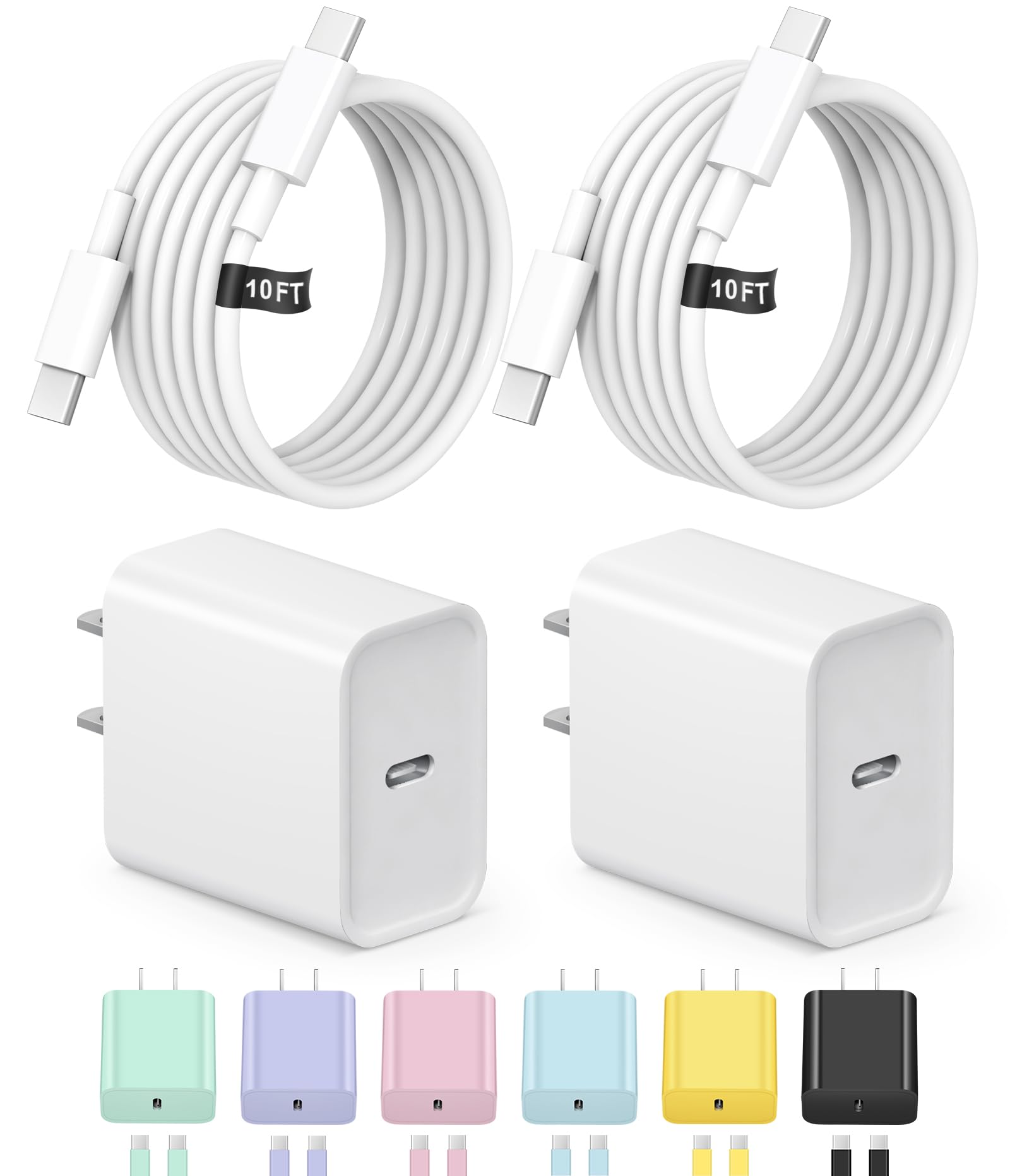10FT iPhone 17 16 15 Charger Fast Charging USB C Charger Block Type C Chagrer Fast Charging 2-Pack