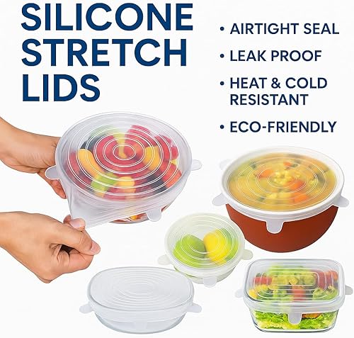 Miniatura 6 de Fundas de silicona reutilizables para alimentos, paquete de 12 tapas redondas y rectangulares, sin BPA, ecológicas, sellado hermético para cuencos,