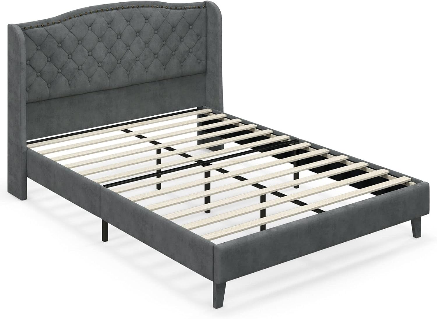 GORELAX Upholstered Full Bed Frame, Low Velvet Mattress Foundation w/Wood Slats & Noise-Free EVA Foam, Button Tufted Wingback Headboard, No Box Spring Needed, Double Platform Bed Frame Full Size