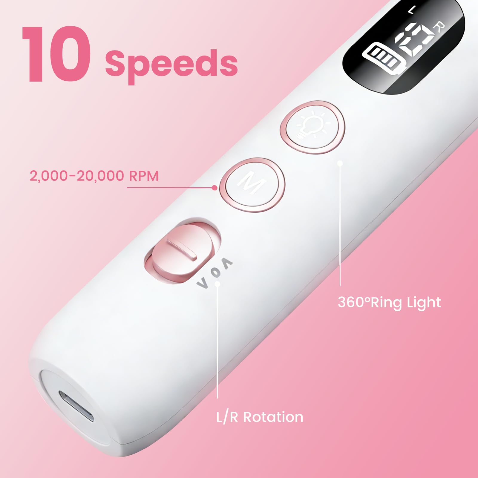 Kit de taladro de uñas, lima eléctrica inalámbrica blanca con 10 velocidades, 10 puntas y luz LED, para uñas acrílicas, eliminación de esmalte de gel y uñas gruesas de los pies, fácil para