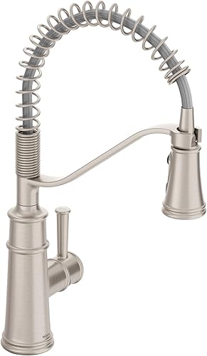 Moen Belfield 5927SRS - Grifo de cocina de acero inoxidable, moderno grifo de cocina de resorte con potenciador de potencia, enjuague previo, un