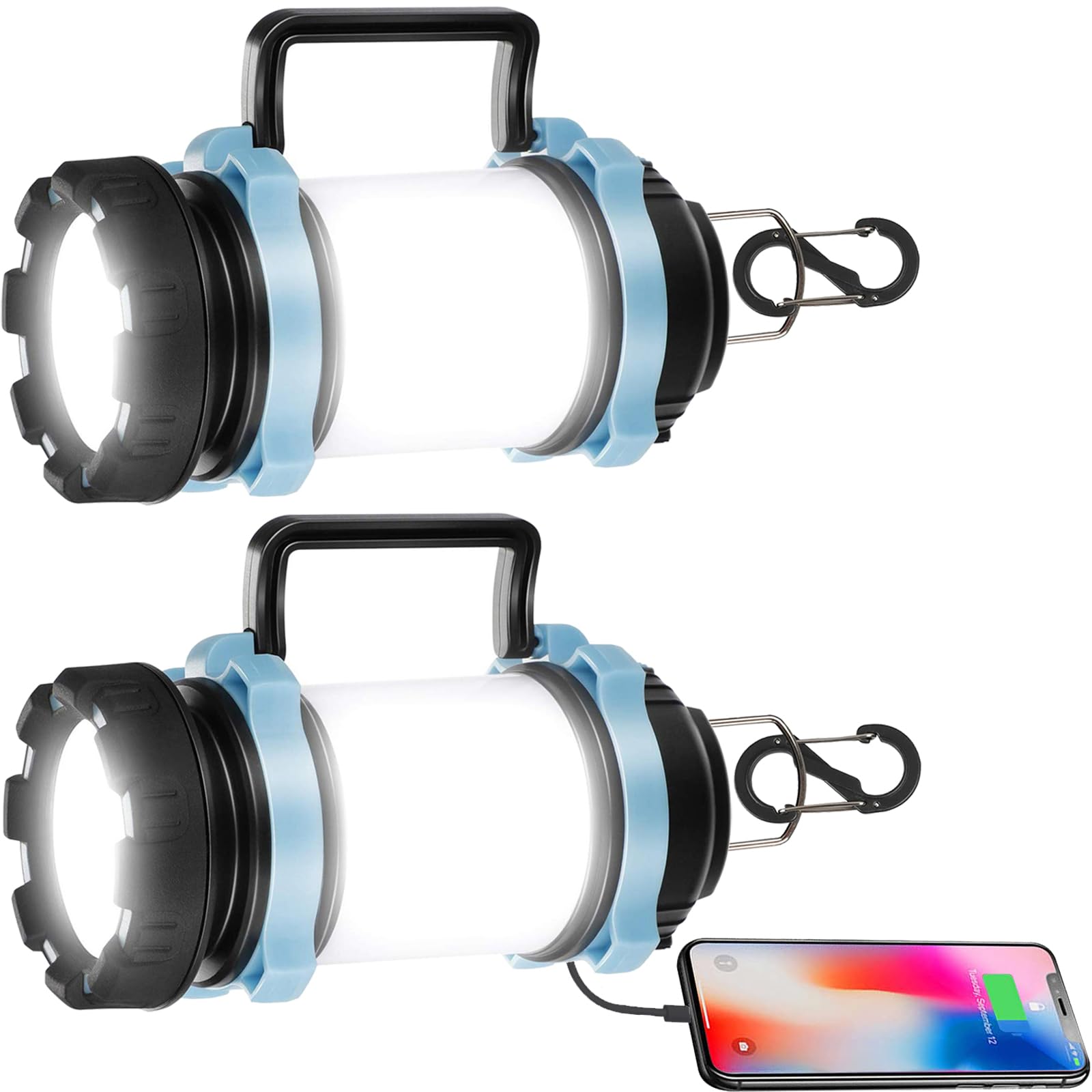 Paquete de 2 Luces de Camping, Linterna LED Recargable, 1000 lúmenes, Foco de Búsqueda para Exteriores, Linterna de Camping de Alta Potencia para Pesca,Camping,Emergencia, Senderismo,Cortes de Energía