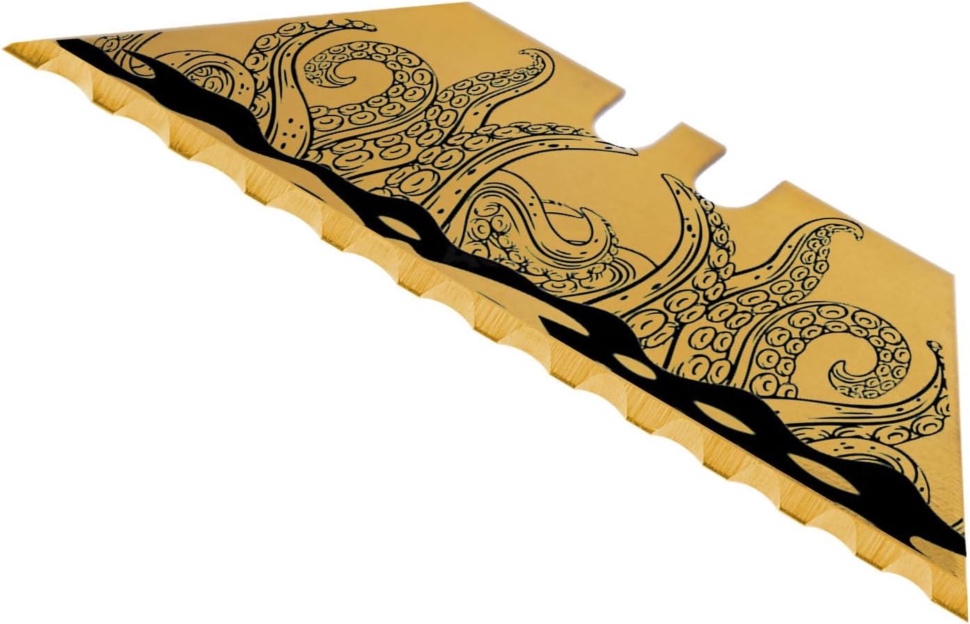 NDZ Performance Serrated Steel Blade Replacement for Berkling Utility Knife, Custom Double Sided Laser Engraved Designs, Gold - Kraken - 5 Pack