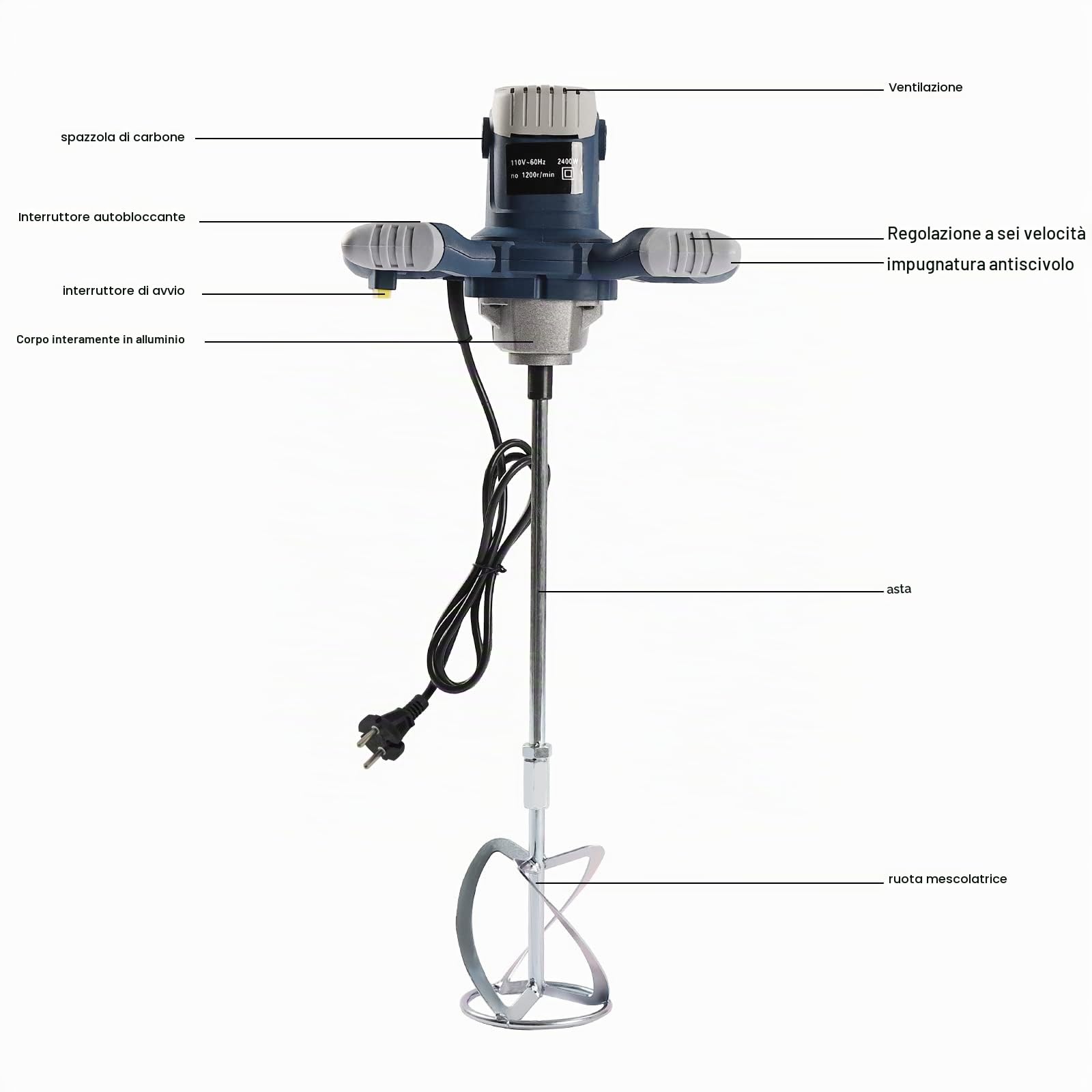 Agitatore professionale da 1400 W, miscelatore per malta a secco, per colla, stucco, betoniera, 6 marce, regolabile