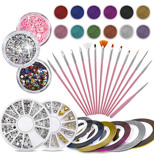 37Pack Nail Art Kit - 15 PCS Nail Brushes & 12 Pot Mini Caviar Beads & 6 Striping Tape & 1 Rhinestones & 3 Pots Glitter, Professional Nail Artist Collection by Phogary