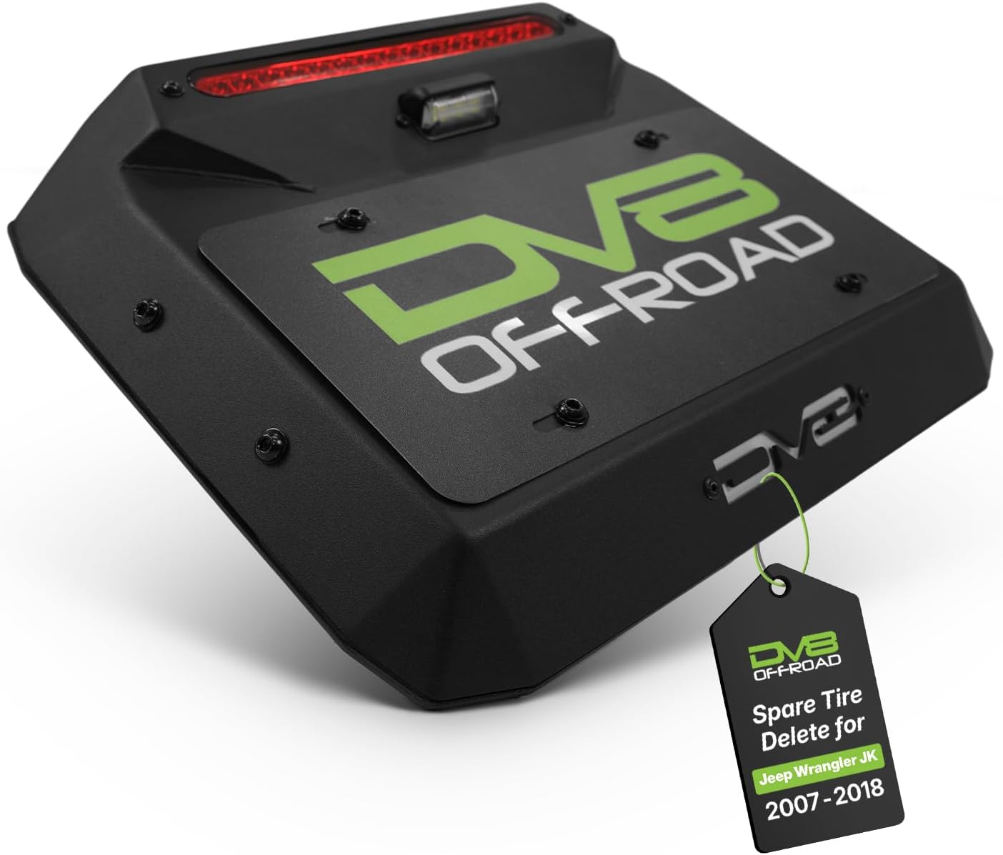 DV8 Offroad Spare Tire Delete Kit Compatible with Jeep Wrangler JK 2007-2018 - Maximizes Departure Angle for Rock Crawling, Includes LED License Plate Light & Watertight Plug