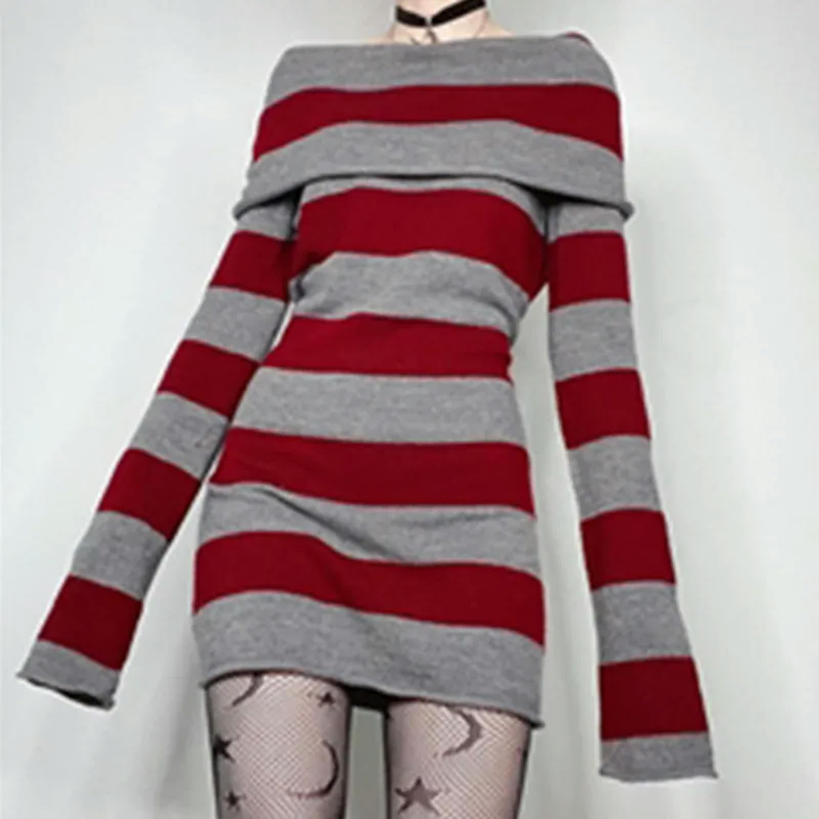 Y2K sweter w paski mini sukienka centrum handlowe gotycki grunge emo bodycon szykowne kobiety z odkrytymi ramionami pełny rękaw slim fit sukienki 00s vintage