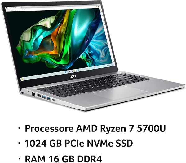acer Aspire 3 15 A315-44P-R1EP PC Portatile, Notebook, Processore AMD Ryzen 7 5700U, RAM 16 GB DDR4, 1024 GB PCIe NVMe SSD, Display 15.6" FHD LCD, Scheda Grafica AMD Radeon, Windows 11 Home, Silver - 2