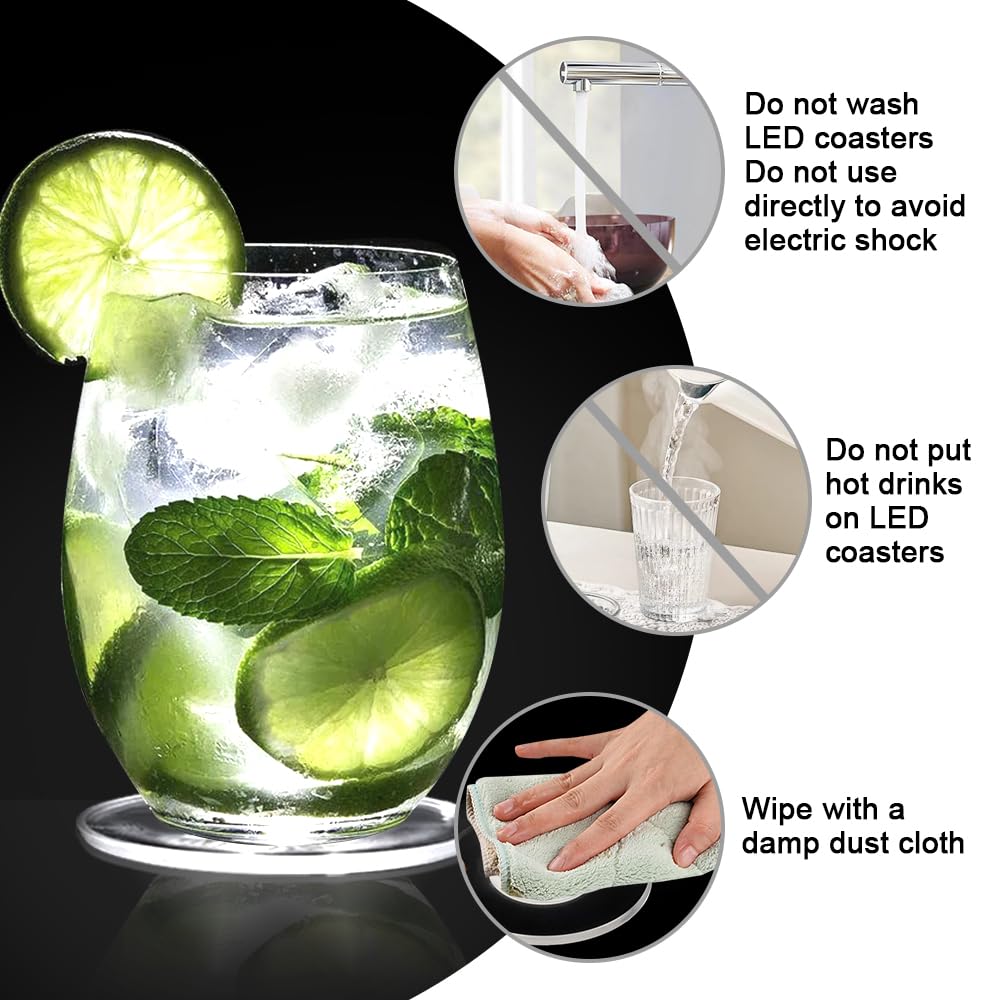 Yotutun Witte Led Onderzetter, 6 Koele Verlichte Led-Onderzetters Voor Drankjes Waterdichte Aan/Uit-Knop Acryl Ronde Licht-Onderzetterset Voor Feestjes Bruiloften Bars