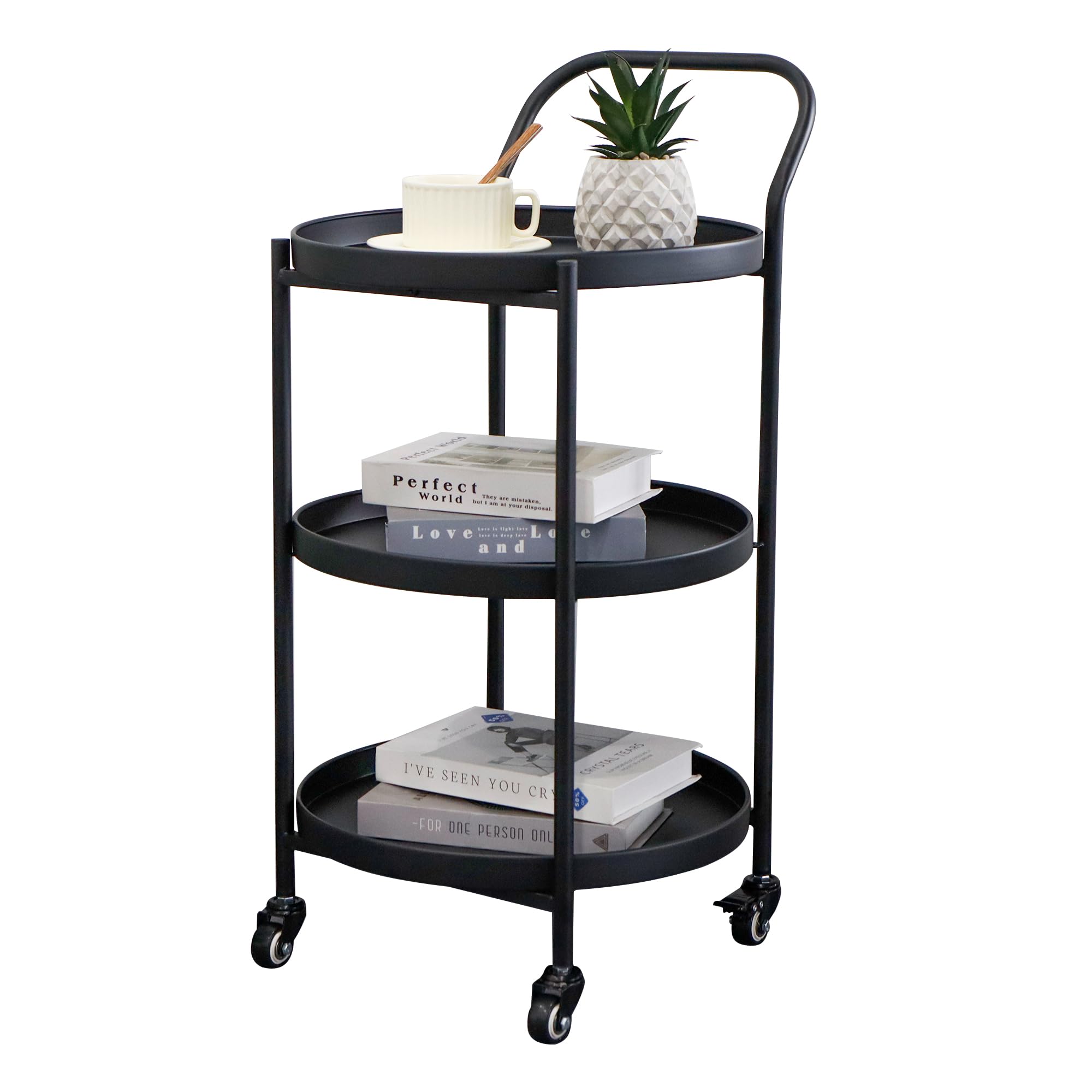 TRIROCKS Elegante Carro Bar Redondo de 78 cm de Alto, 3 Niveles Metálico con Ruedas, Carrito de Servicio para Cocina y Entretenimiento (Negro)