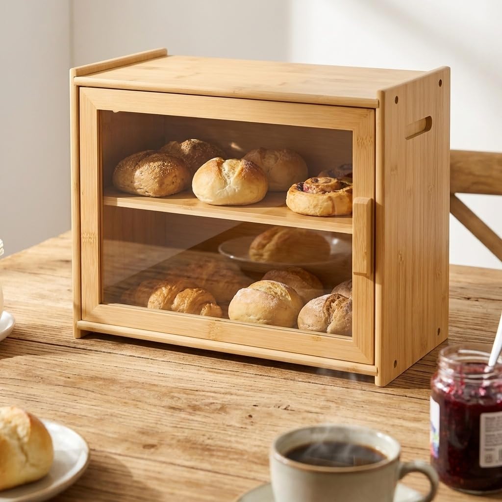 Brotkasten - Brotbox aus Bambus mit 2 Etagen, große Brotaufbewahrung mit Sichtfenster, Brotbehälter 40 x 20 x 31 cm, Aufbewahrungsbox für Brot Brötchen und Gebäck, Natur