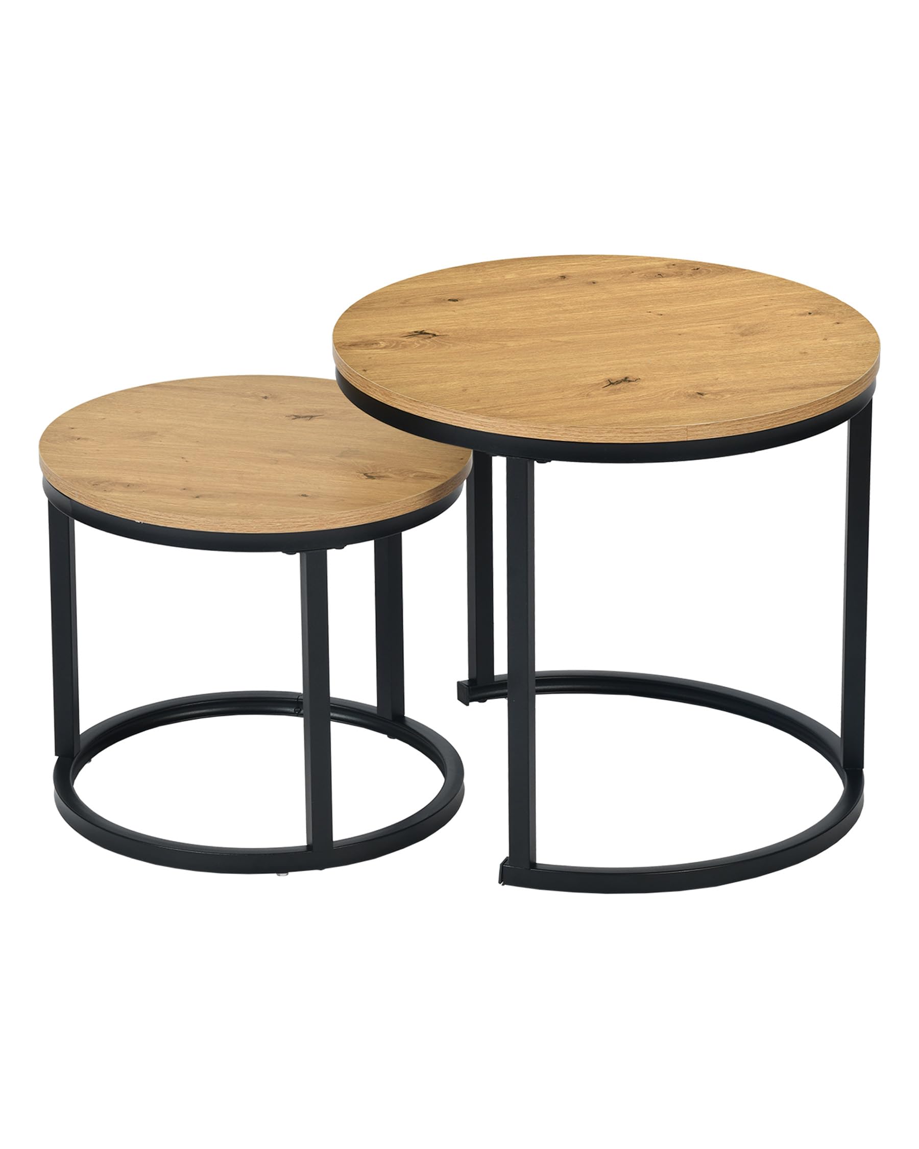 Couchtisch Rund Holz 2er Set, Wohnzimmertisch Modern, Coffee Table, Holz-Effekt Beistelltisch Wohnzimmer mit schwarzem Rahmen