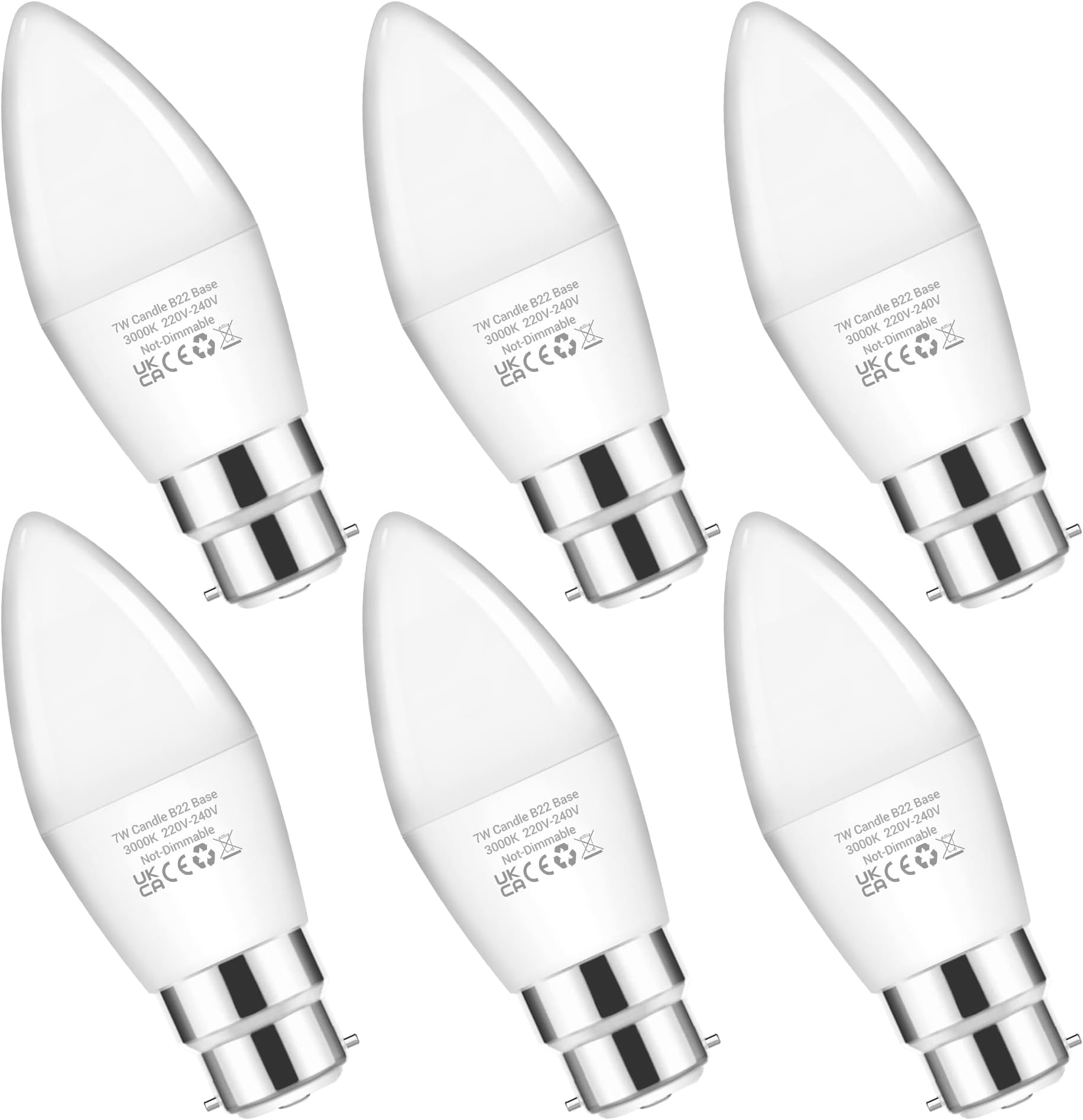 Flaspar Bayonet Light Bulbs 60W Equivalent, 7W B22 Candle LED Bulbs Bayonet 3000K Warm White, 600LM, B22 LED Bulb for Chandeliers, Wall Lamps, Ceiling Fixtures, 6 Pack