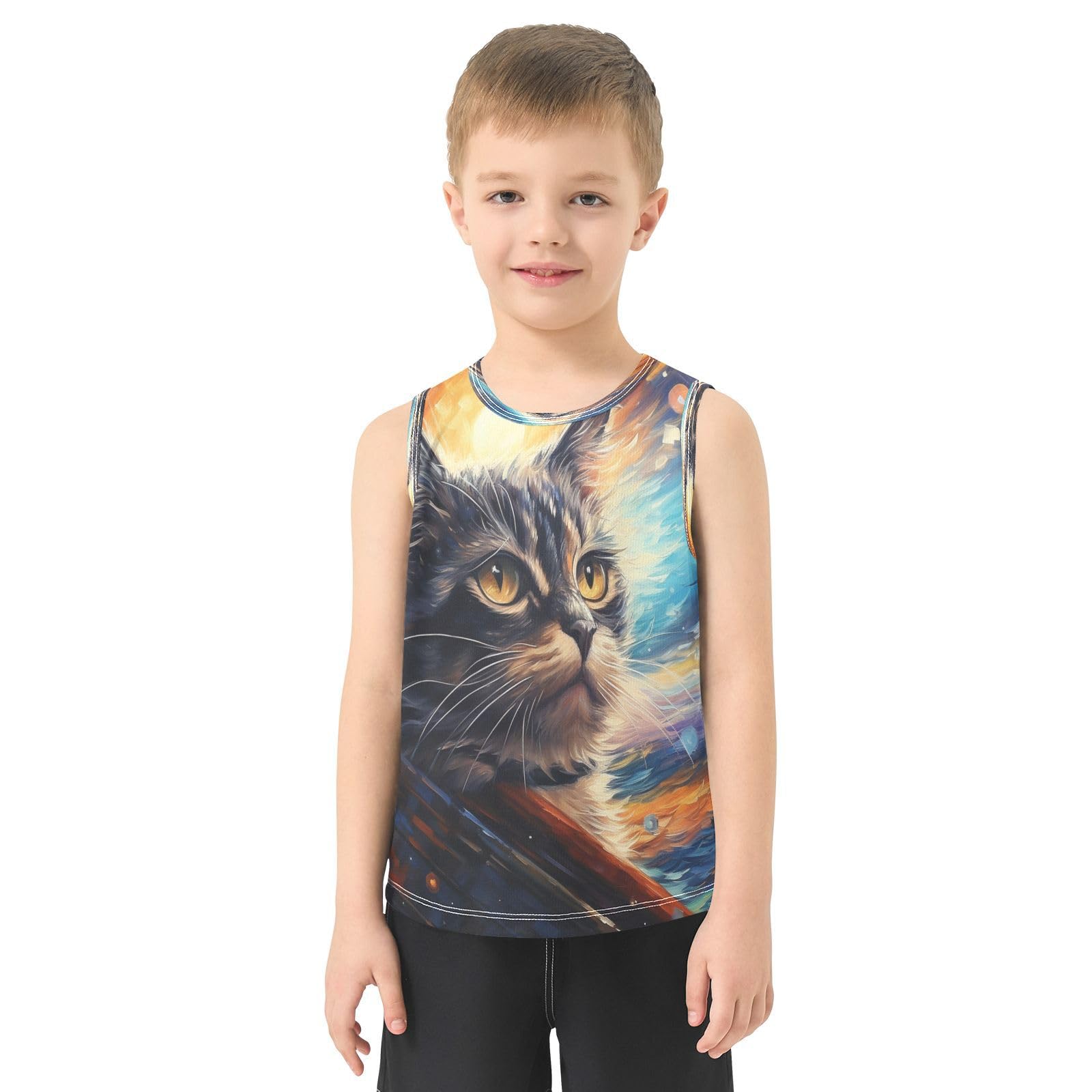 Acuarela Arte Fresco Gato Camisetas Sin Mangas Tipo Tank Top para Niños Jóvenes Ideales para Actividades Deportivas