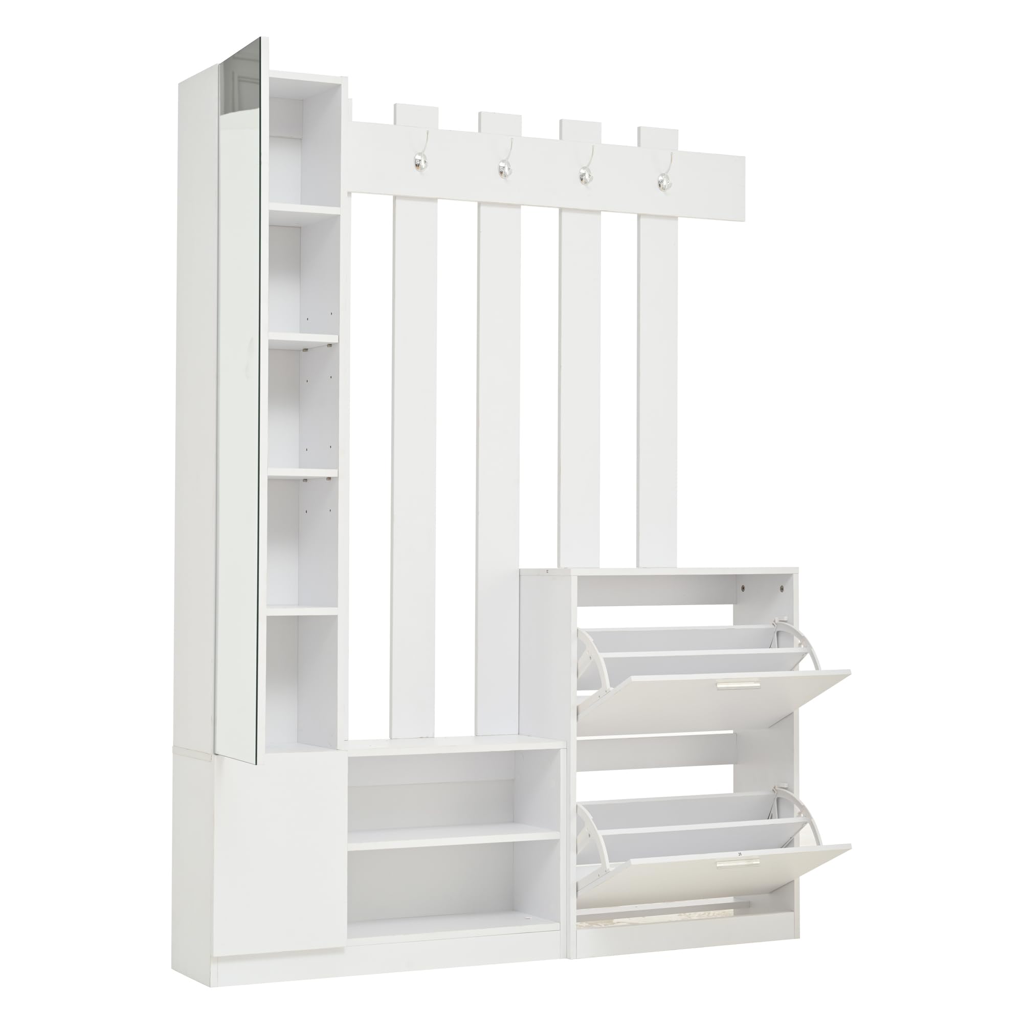 Garderobenset Wandgarderobe mit Klapptüren Schuhschränken und Spiegel, Weiß, 135x25x180 cm