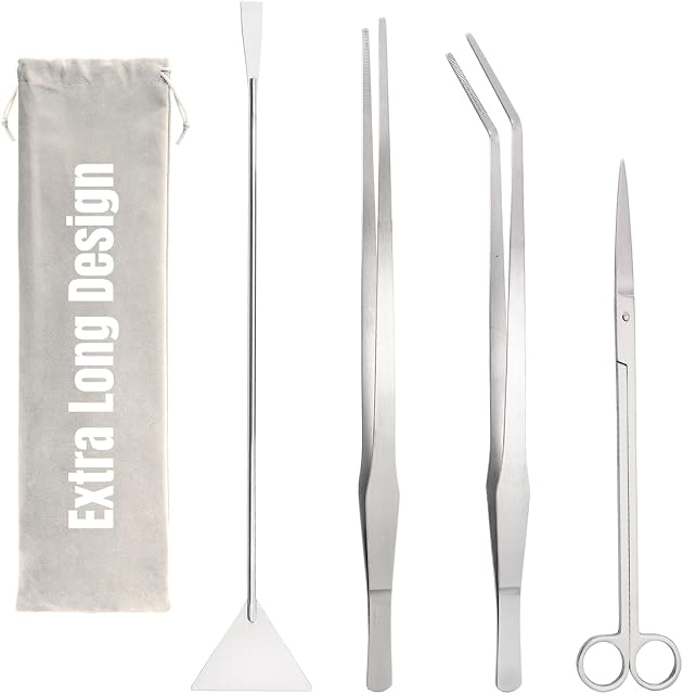 Hiceeden 4-Piece 15 Inch Aquarium Aquascaping Tool Set, Stainless Steel, Includes Tweezer, Scissor, Spatula, Storage Pouch for Fish Tank