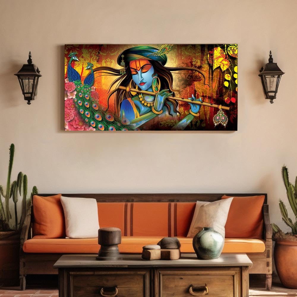 Wakefit Wall Painting, Krishna Canvas Wall Art, Wooden Framed Krishna Painting,Painting for Wall decoration, Wall Painting for Living Room, Modern Home Decor, Set of 1, (48 x 24 Inch)
