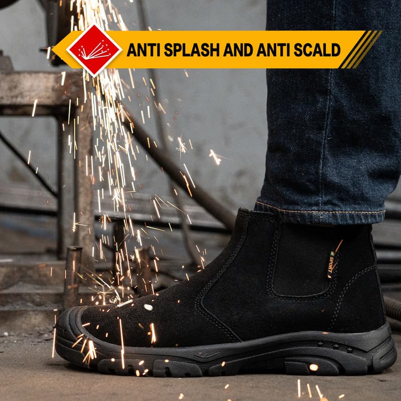 Image of Work Boots for Men Safety Steel Toe Boots for Construction Soft Toe Welding Boots Women Slip on Chelsea Booties Puncture Proof Industry Shoes 6 INCH (7, Black)