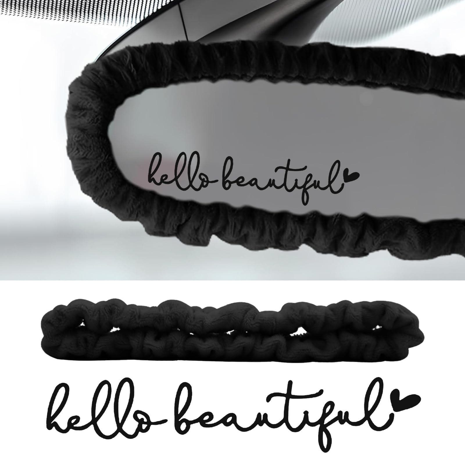 Rearview Mirror Cover and Sticker, Stretchy Plush Rear View Mirror Protector and Hello Beautiful Car Decor Set, Interior (Black)