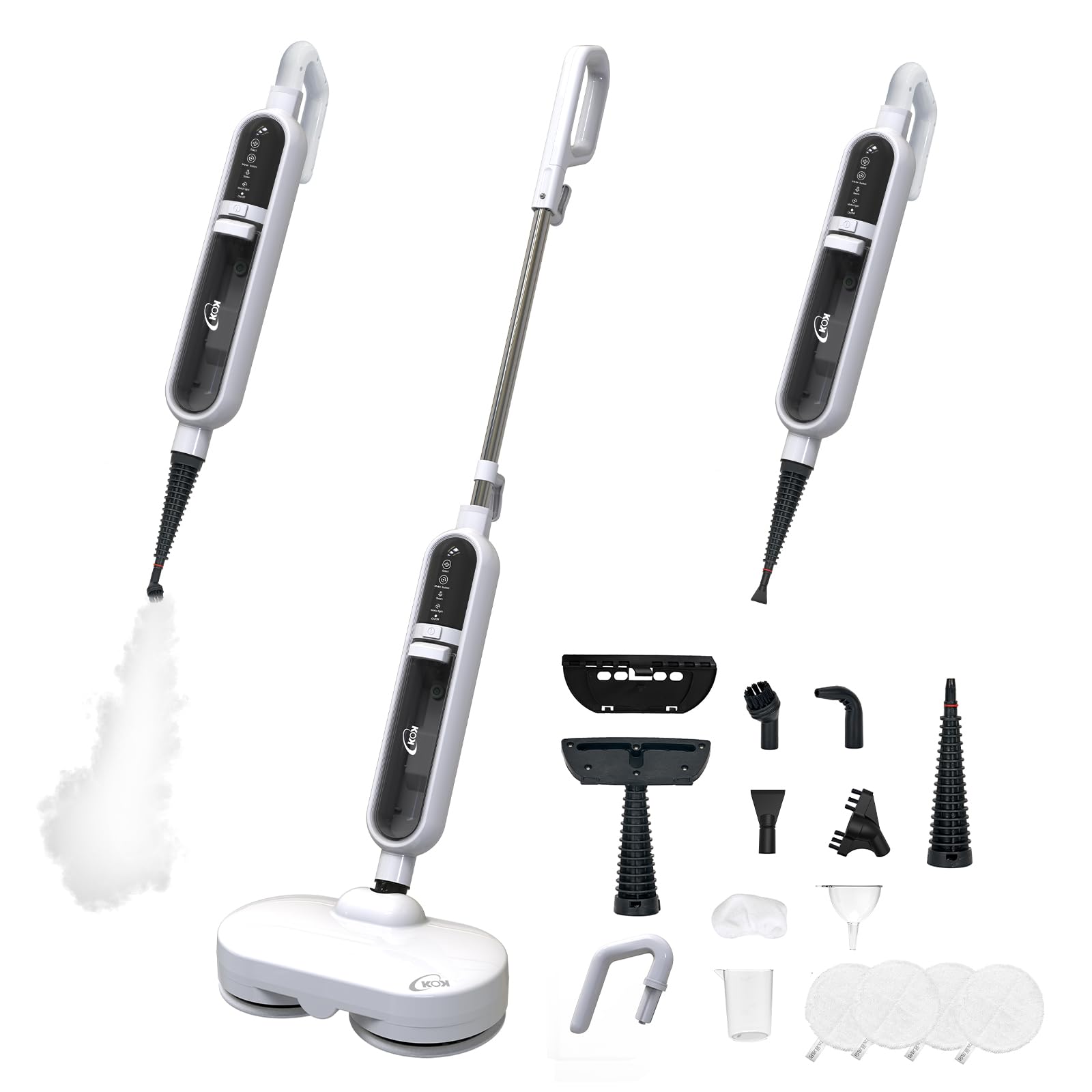 KOK 10-en-1 Nettoyeur vapeur, Balai Vapeur avec Fonction Rotative, Vapeur à haute température, 500 ml Capacité, 15 Accessoires, 10s Temps chauffage, pour les chambres, les cuisines et les salons