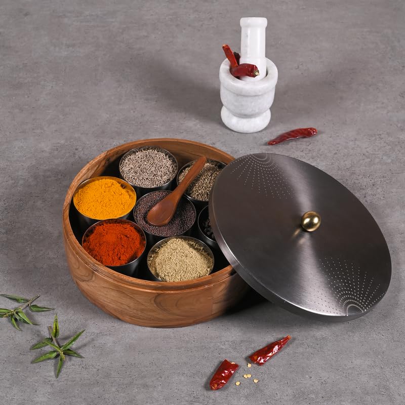 Image of Wooden Masala Box for Kitchen - 7 Stainless Steel Jars with Wooden Spoon | Stainless Steel Brass Lid with Knob | Multipurpose Dry Fruit & Spice Storage - GunMetal (SunRays Laser Etching)