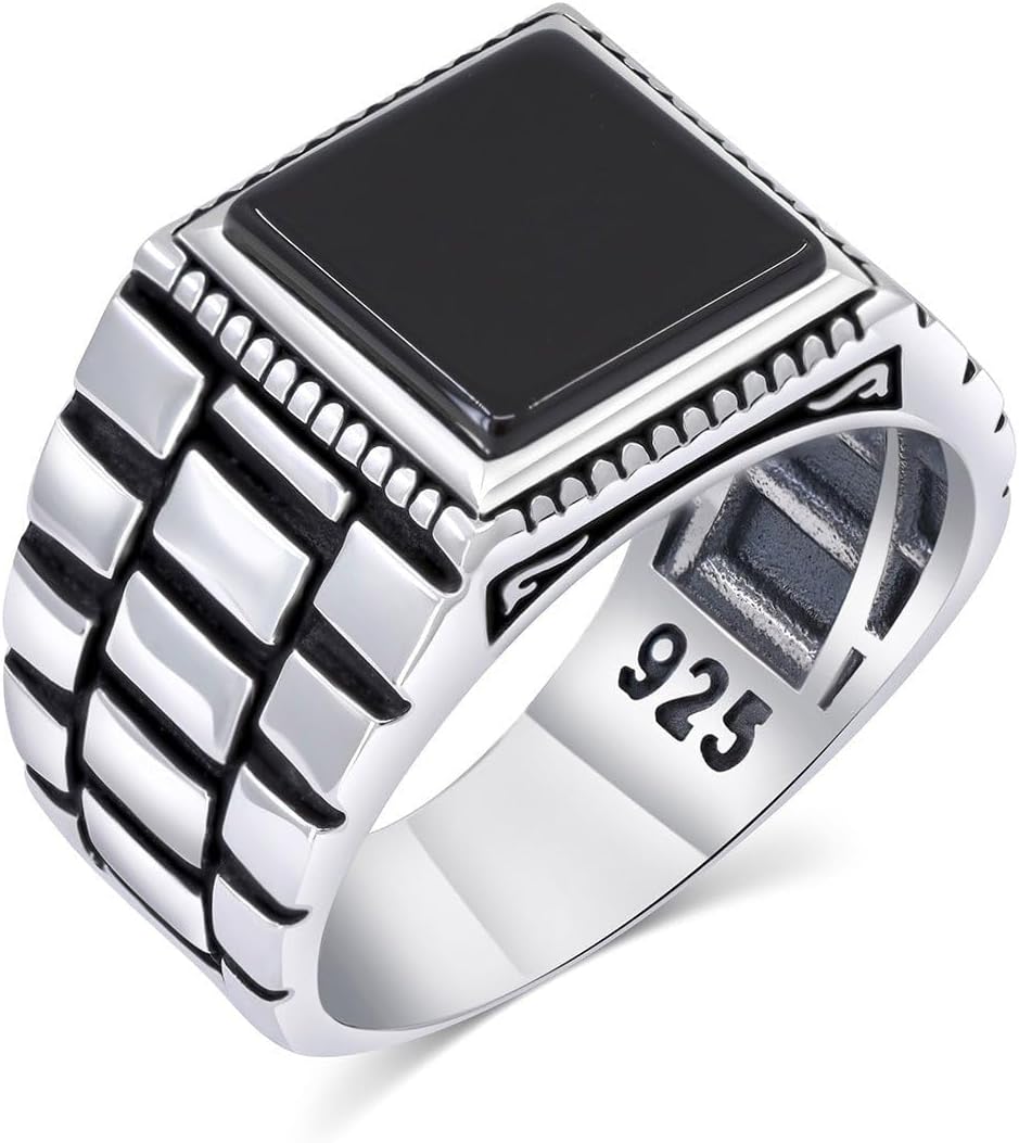chimodaSterling Silver Rings for Men - Style Mens Sterling Silver Ring with Onyx Stone, Anillos Para Hombre