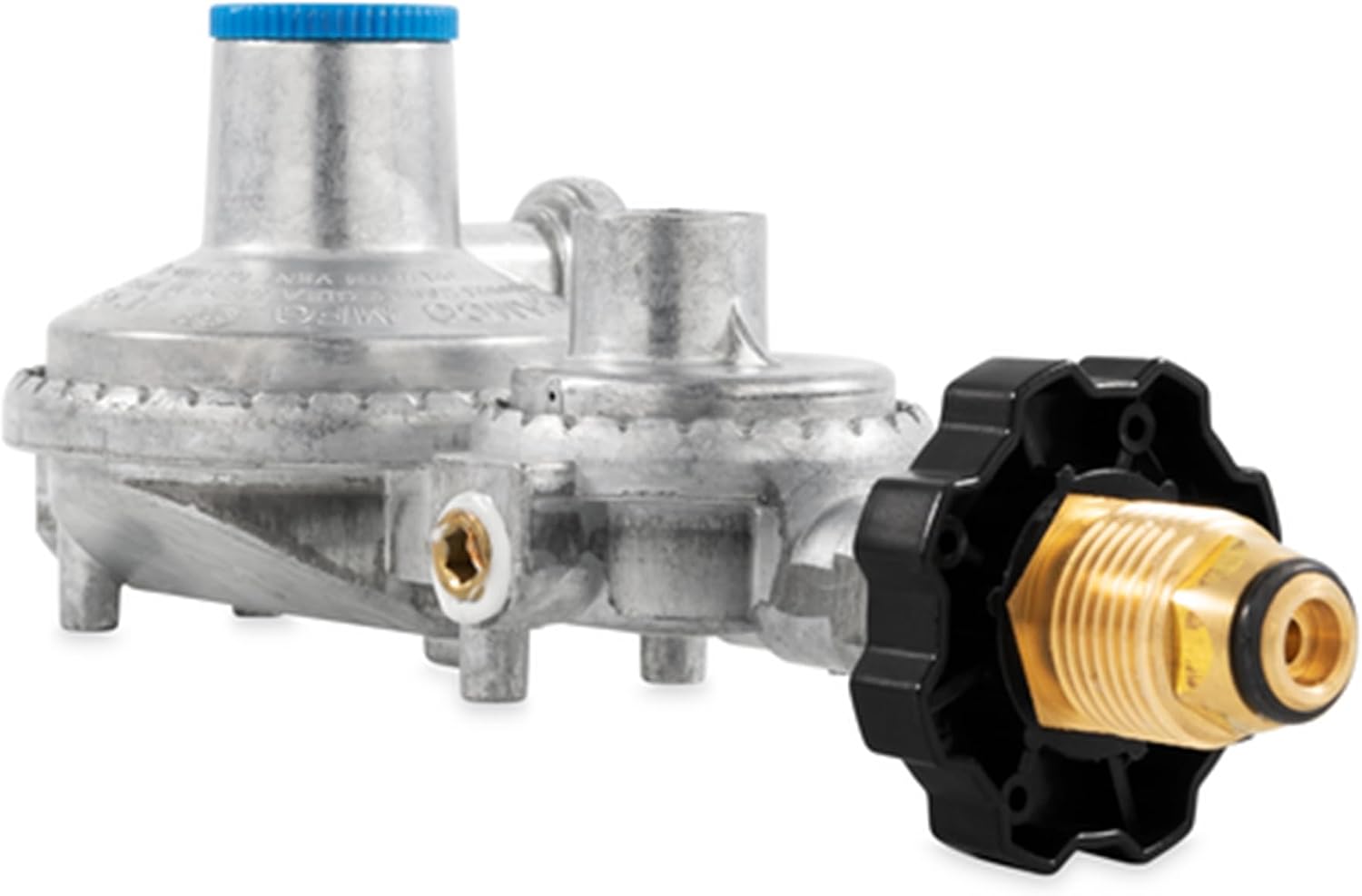 Camco RV Propane Regulator 2 Stage Horizontal Mount with POL, 160000 BTU Gas Pressure Control Valve, 3/8 Inch NPT for Camper Trailer