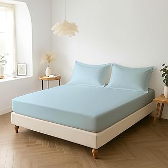 Pizuna Percale Fitted Sheet King Size 160x200 cm with 2 Pillowcases, Baby Blue, 100% Long Staple Cotton, Crisp Percale Weave, Fitted Bed Sheets with 40 cm Deep Pocket