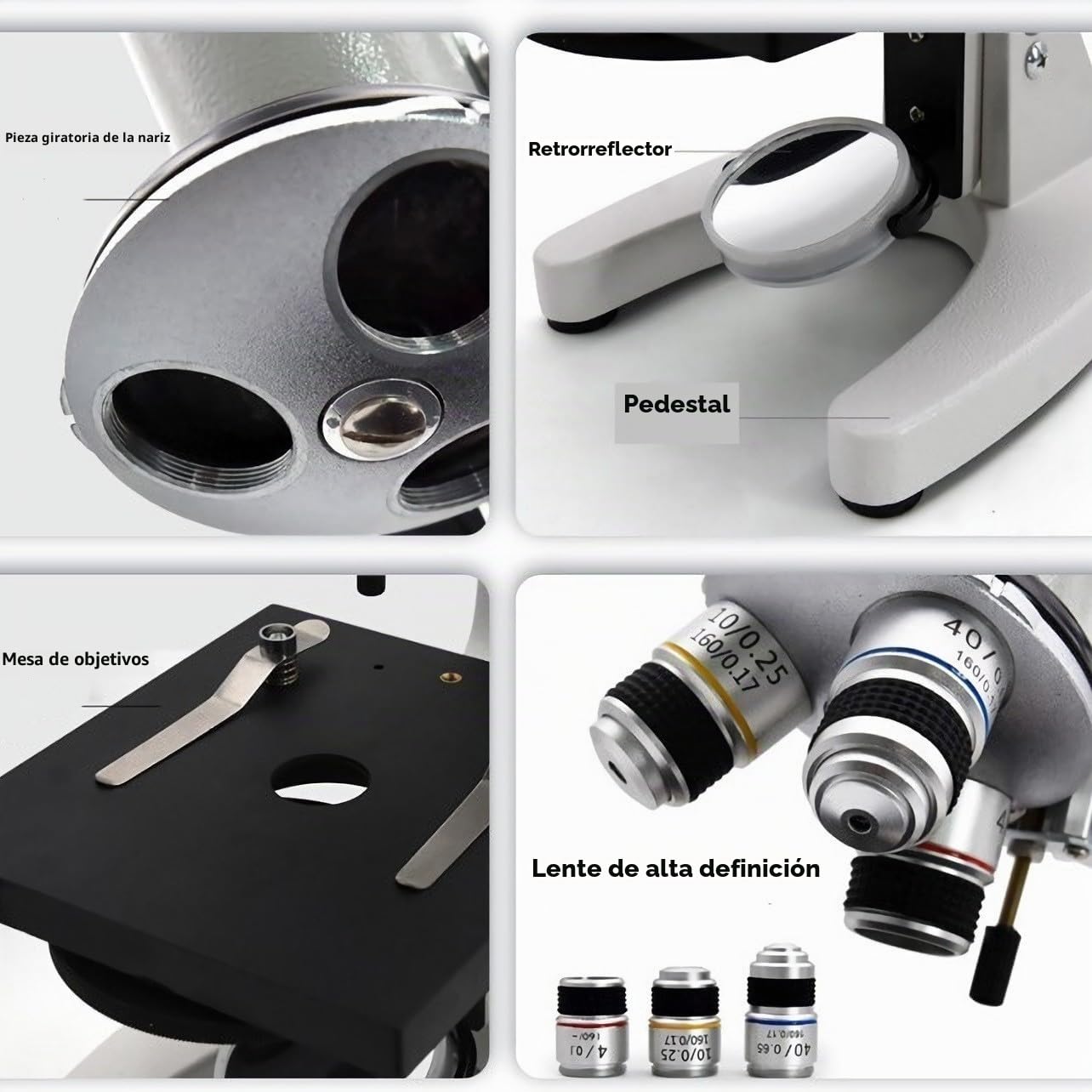 Microscopio-200-4000X de aumento, microscopio educativo biológico para estudiantes y adultos, con clip para teléfono, muestra biológica y luz de relleno (blanco)