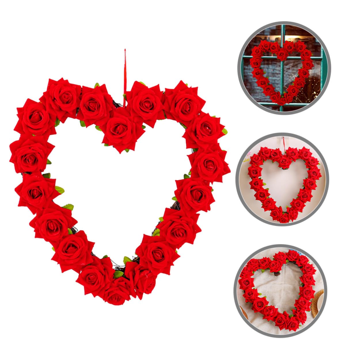 Homoyoyo Ghirlanda Floreale Artificiale a Forma di Cuore Finta per Decorazione Porta D’ingresso Festa Anniversario Matrimonio Rosso