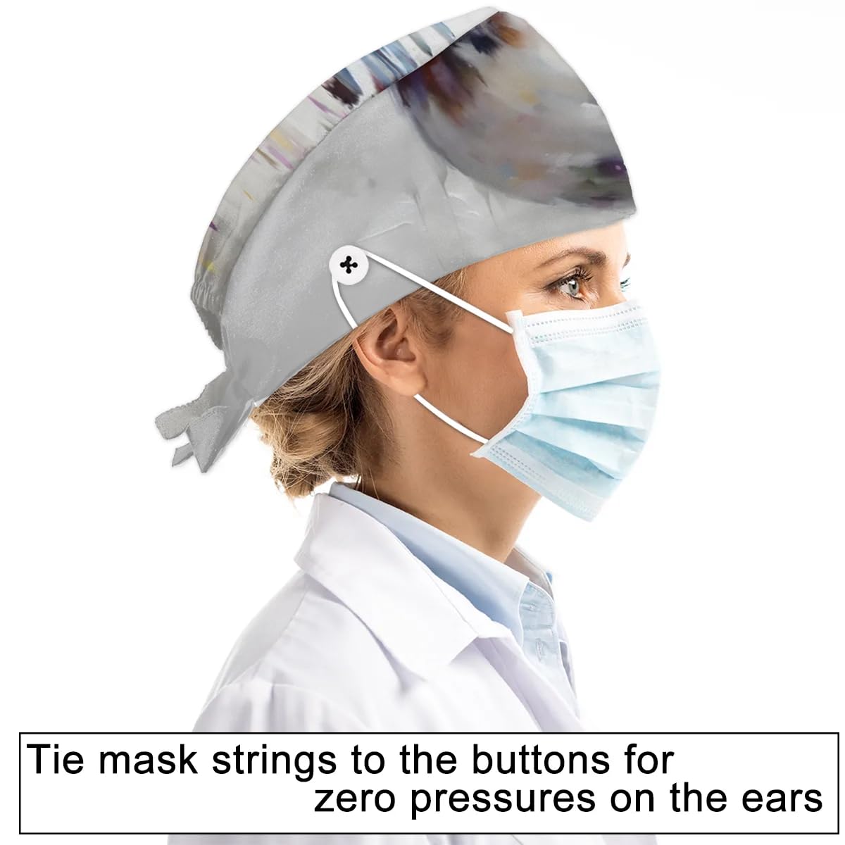 Mularoka Rooster Flower Watercolor Working Caps with Button Sweatband Comfortable Adjustable Bouffant Hats Work Hat for Women Men