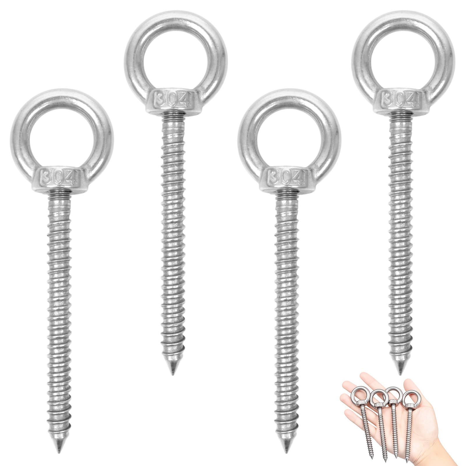 4 pezzi Vite con occhiello M8, viti con occhiello in acciaio inossidabile 304 Heavy Duty, vite con occhiello lunga M8 x 80 mm per applicazioni interne ed esterne pesanti - amache, tende da sole