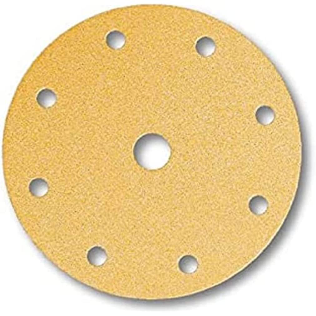 Mirka Gold uniwersalne krążki ścierne z papieru ściernego Ø 150mm / rzep / 9-otworowe / P180 / 100 szt/Do szlifowania tynku, szpachli, płyt wiórowych, drewna, lakieru.