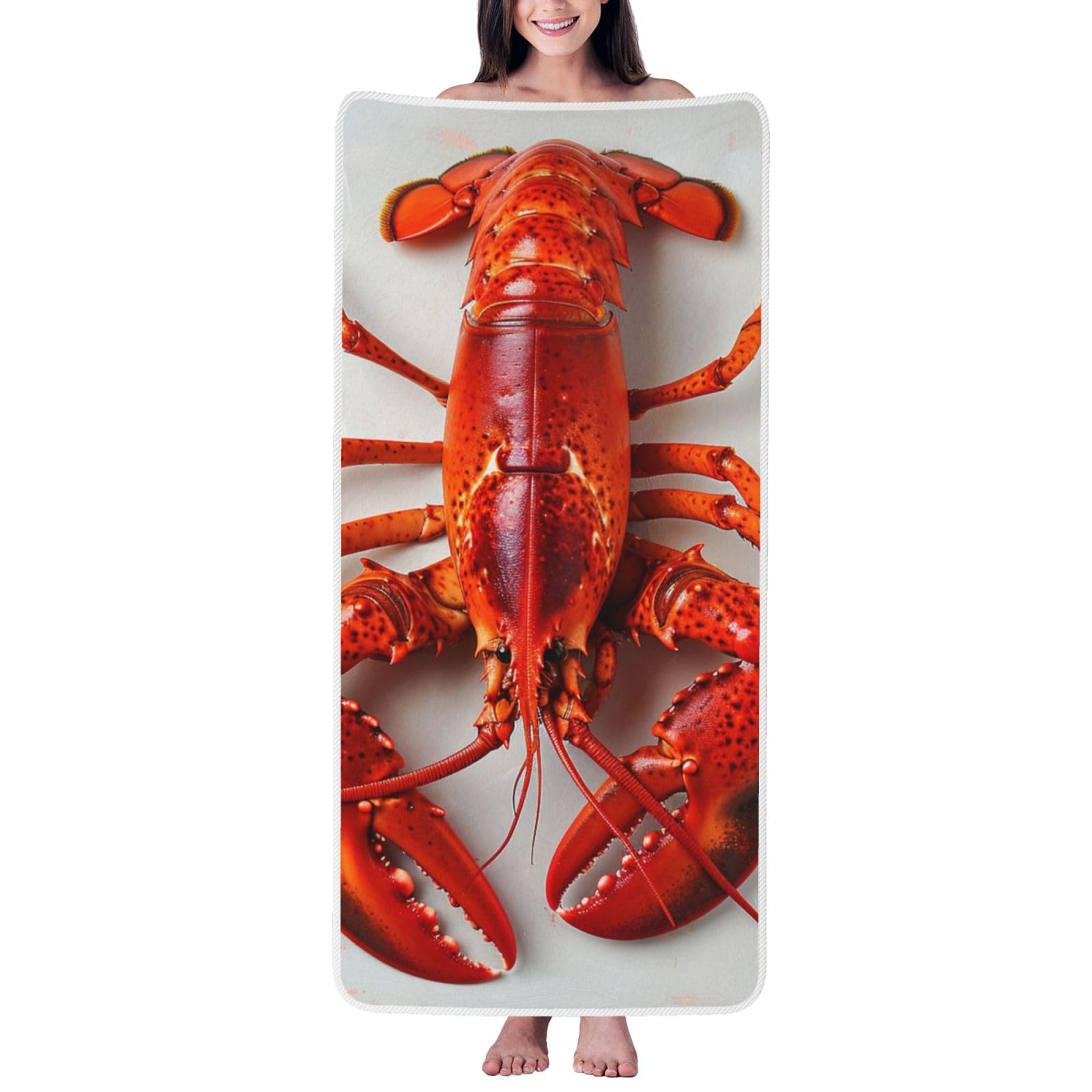 WPKJU Lobster Printed Bath Towel with White Edging - 27x55 in Soft Extra Absorbent Coral Velvet Shower Towels for Bathroom