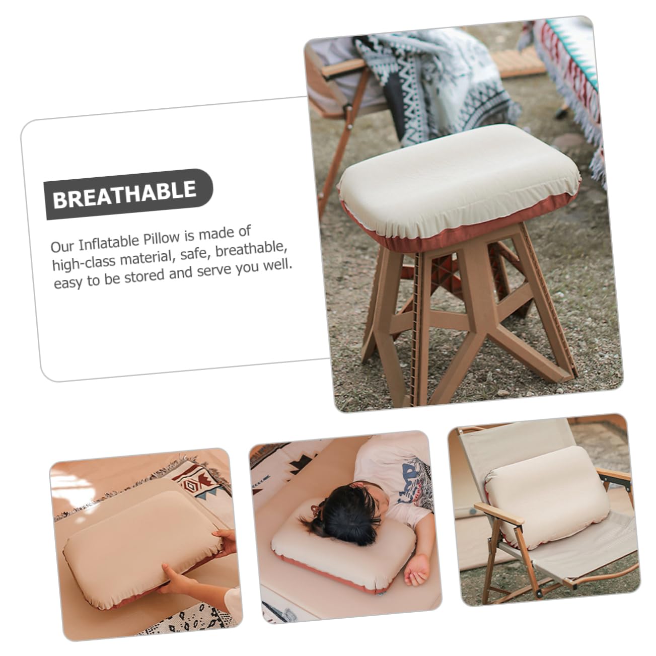 Toddmomy Oreiller de Camping Gonflable en Éponge, Design Ergonomique, Facile à Gonfler Dégonfler, pour Maison et Hôtel, Beige