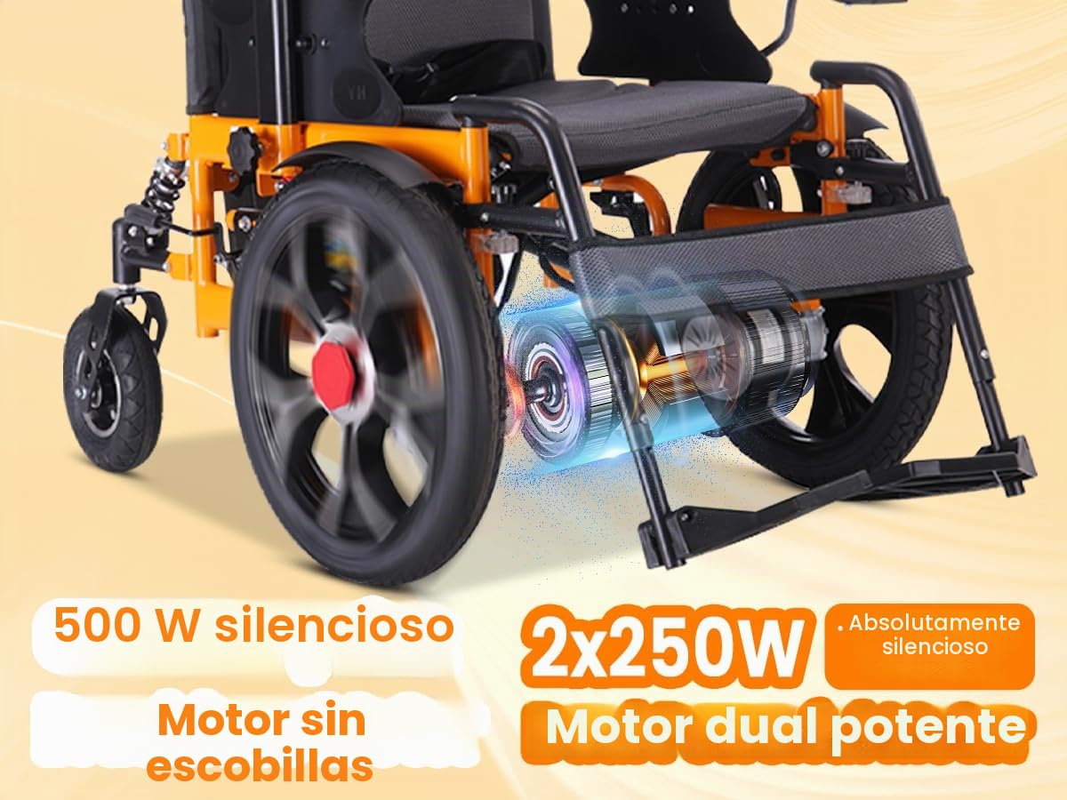 Silla de ruedas eléctrica de 40 cm con rueda delantera grande para adultos, 50 cm de ancho de asiento para todo terreno, silla de ruedas motorizada plegable de 500 W, 150 kg, control trasero incluido