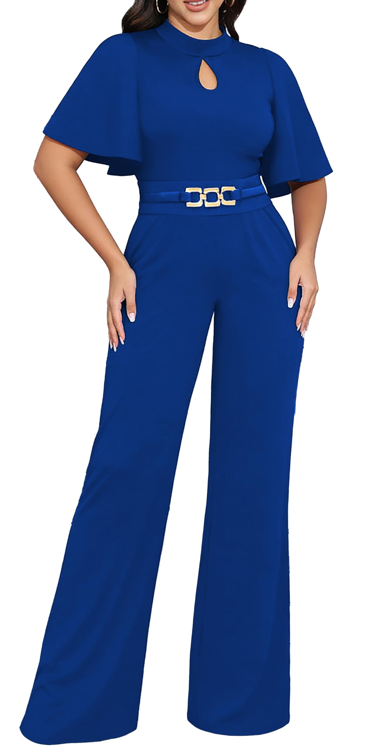 Womens Casual Loose Ruffles Short Sleeve Belted Wide Leg Pant Romper Jumpsuit Casual Business One Piece Outfits-image-7