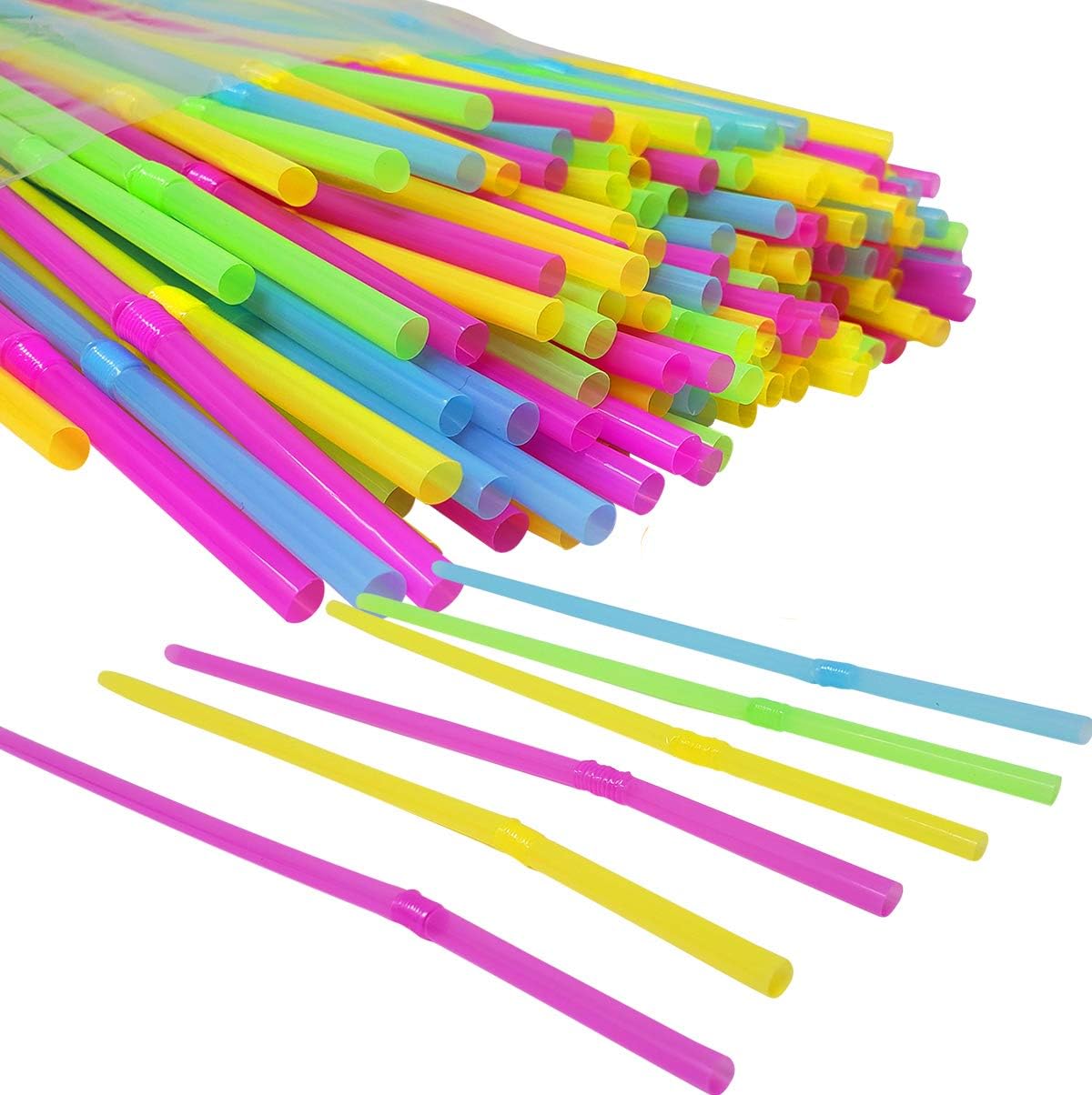 Flexible Plastic Straws (600 Pack) Neon Colors Disposable Bendy Straw 7.5" bendy for Party : Health & Household