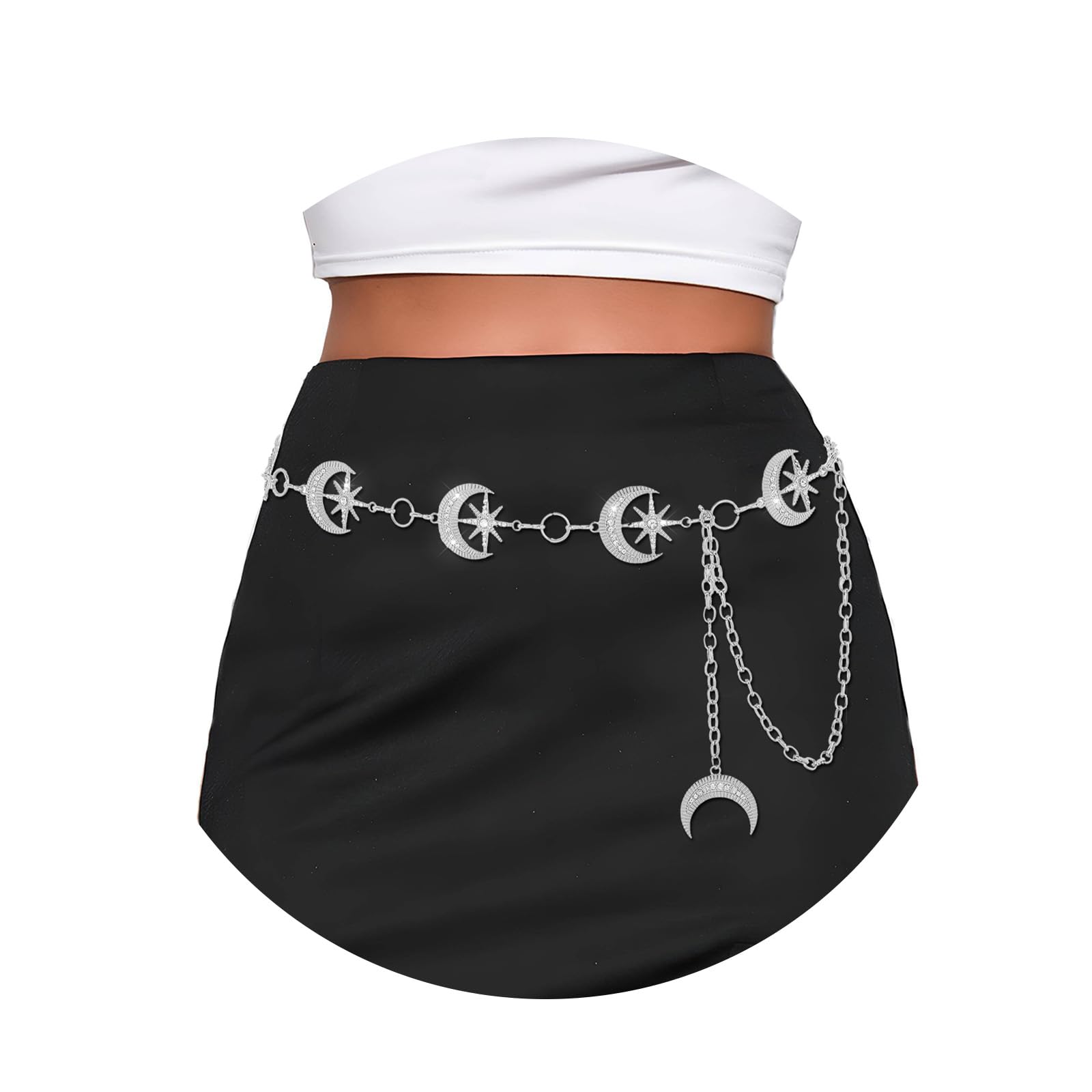 ELABESTRhinestone Moon Chain Belt Sparkly Star Waist Chain Adjustable Body Jewley for Women Dress Belt Accessory